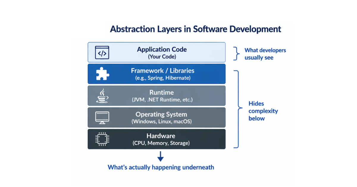 Software abstraction layers diagram showing application code, framework, runtime, operating system, and hardware