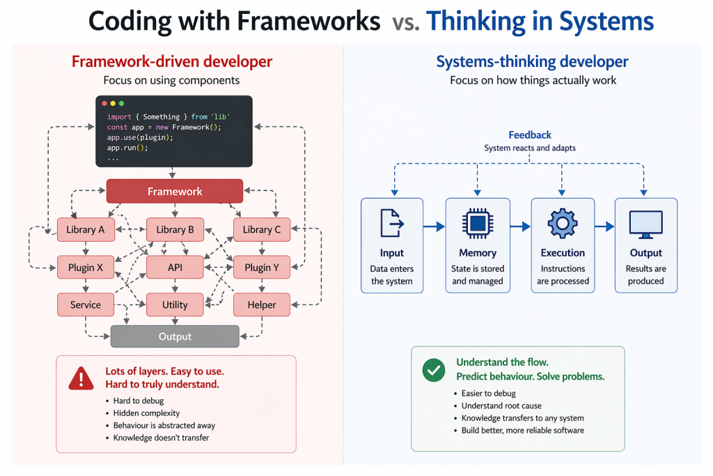 software developer systems thinking vs framework coding diagram