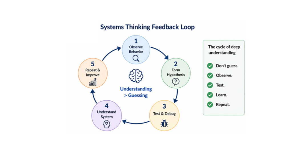 Systems thinking feedback loop diagram showing observe, hypothesize, test, understand, and repeat cycle
