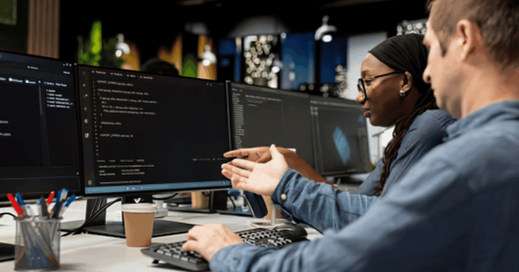 Two engineers reviewing code together at a screen — the practice of practitioner-led capability development.