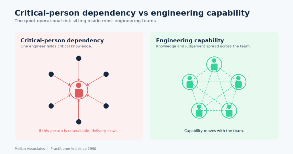 From individual expertise to organisational capability — the Mallon capability flow: knowledge, practical experience, knowledge transfer, engineering judgement, organisational capability.